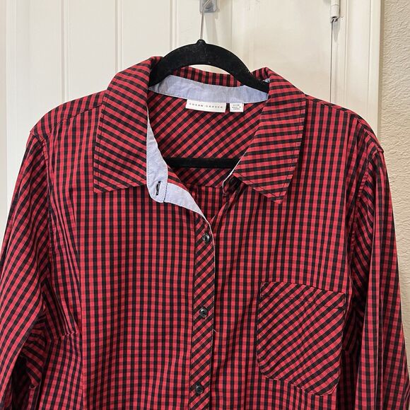 Susan Graver Red Black Plaid Checkered Button Up Long Sleeve Shirt Womens 22W - Picture 2 of 10